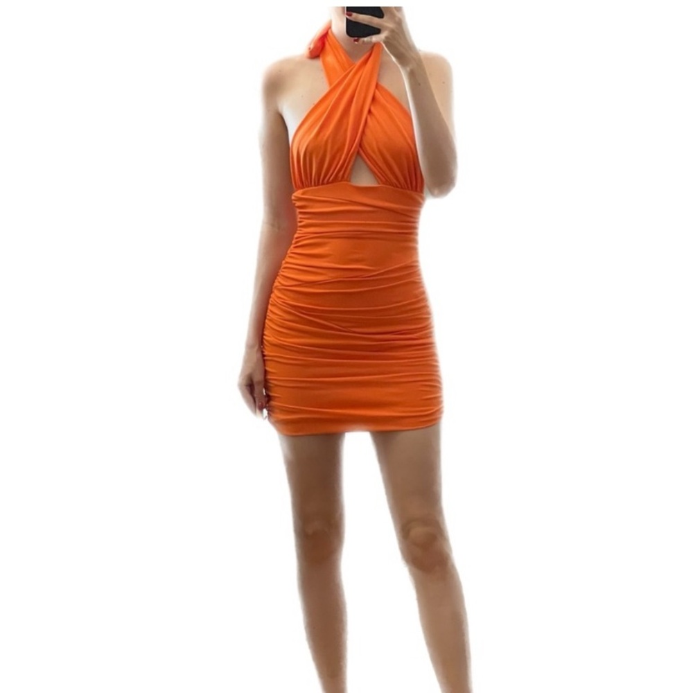 Zara Orange Draped Halter / Crossover Fitted Mini Dress